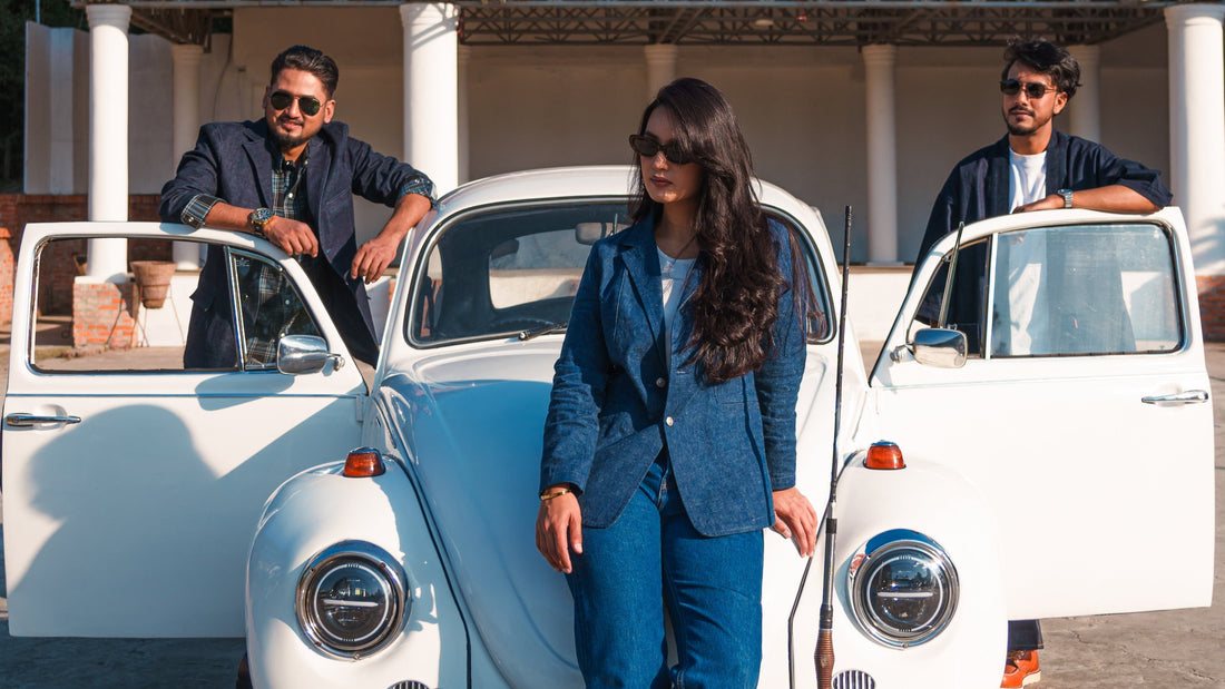 Three models wearing Mith Denim raw indigo Japanese selvedge jeans, showcasing deep unwashed indigo colour