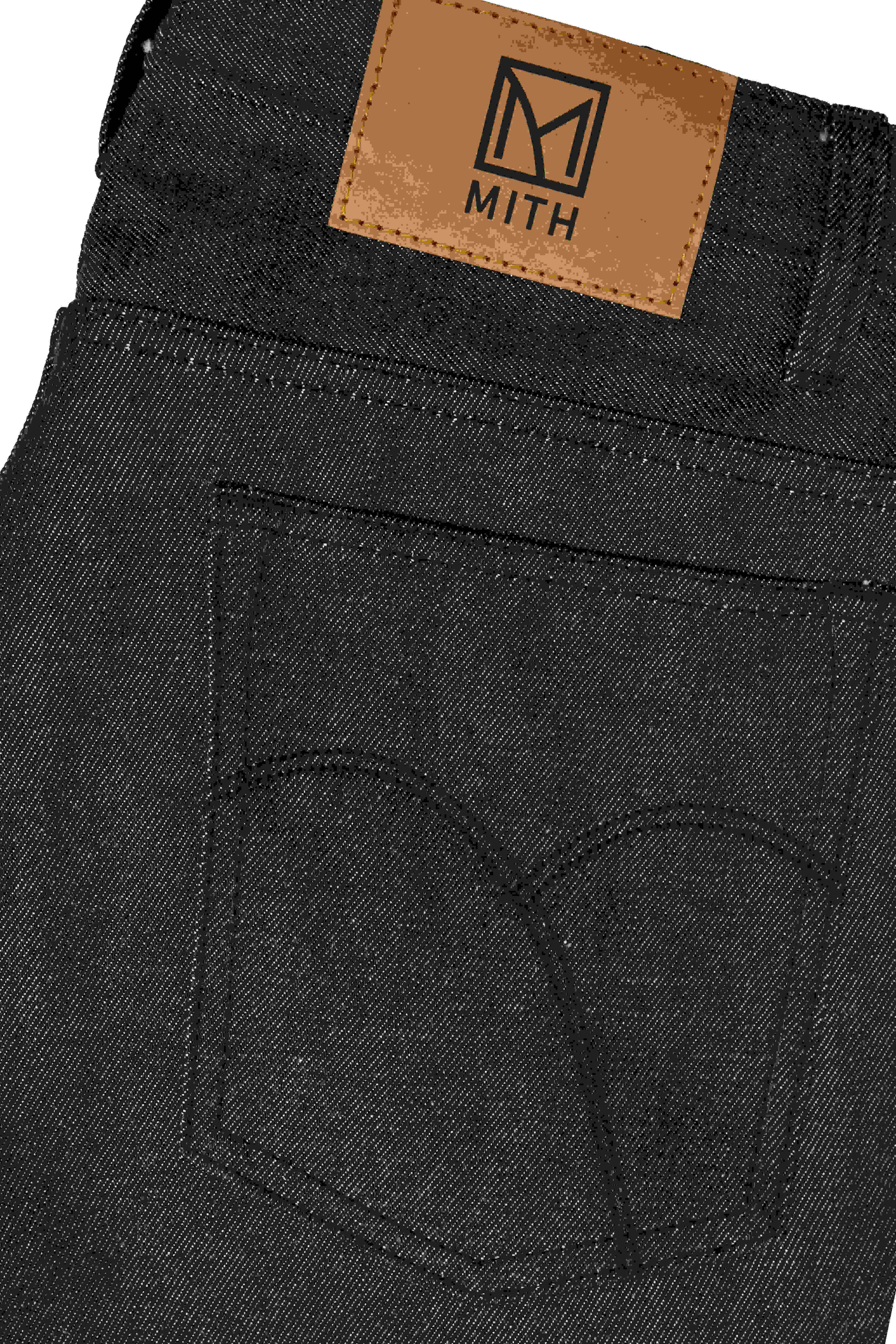 13 oz Japanese Raw Denim Charcoal Gray Jeans –  with a brown leather patch displaying 'MITH' branding.