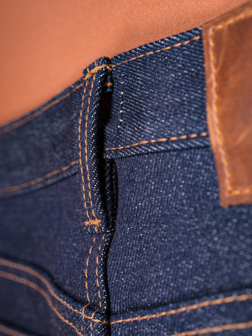 13 oz Japanese Selvedge Raw Denim Jeans – Waistband and leather patch