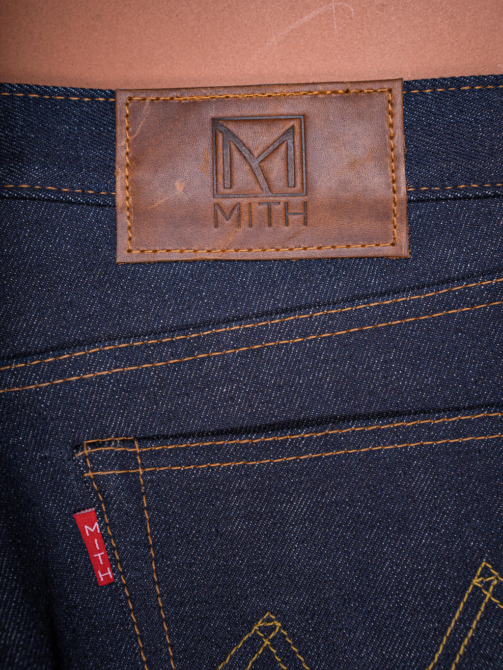 13 oz Japanese Selvedge Raw Denim Jeans – Waistband and leather patch