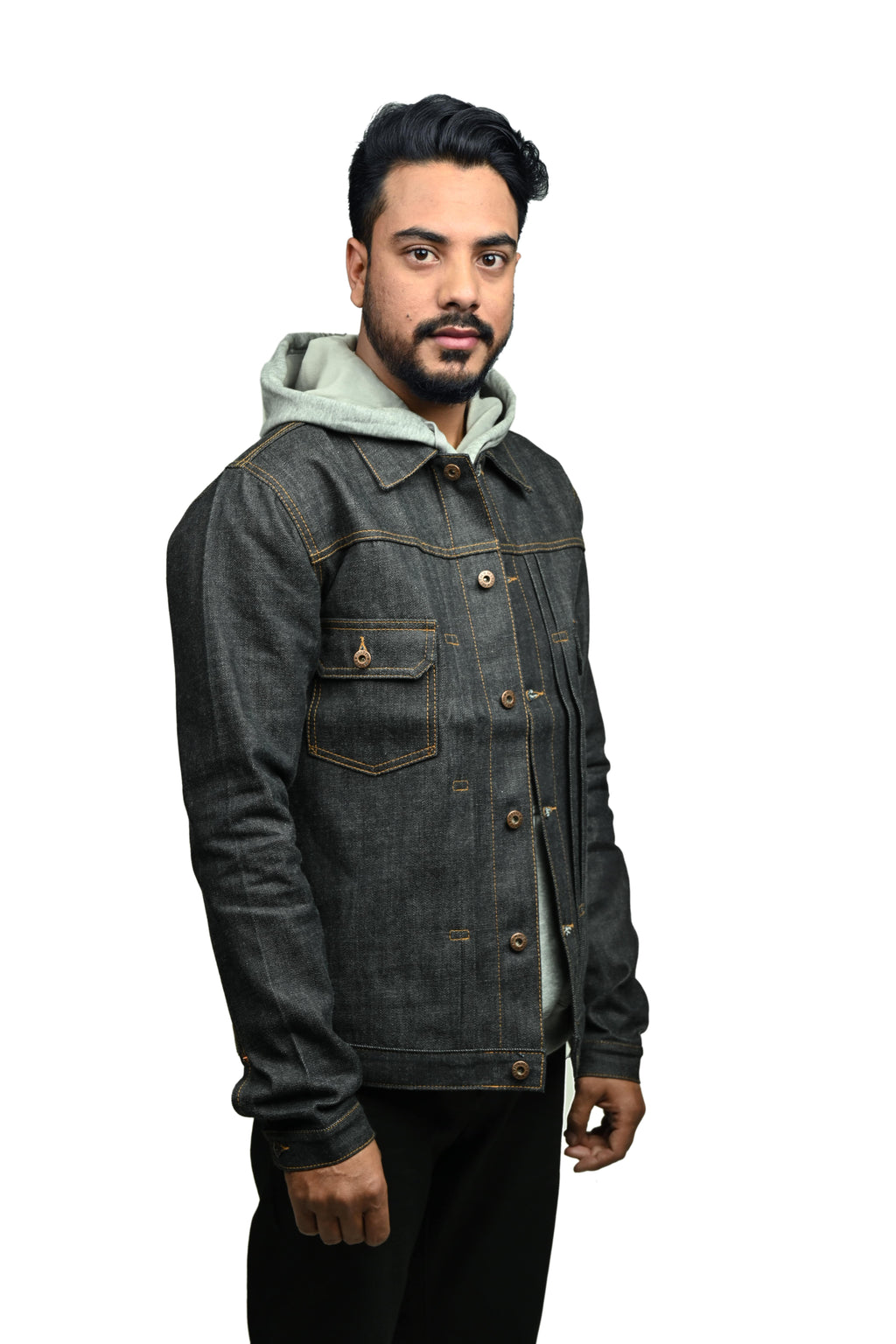 Type II Japanese raw denim jacket in indigo — front view