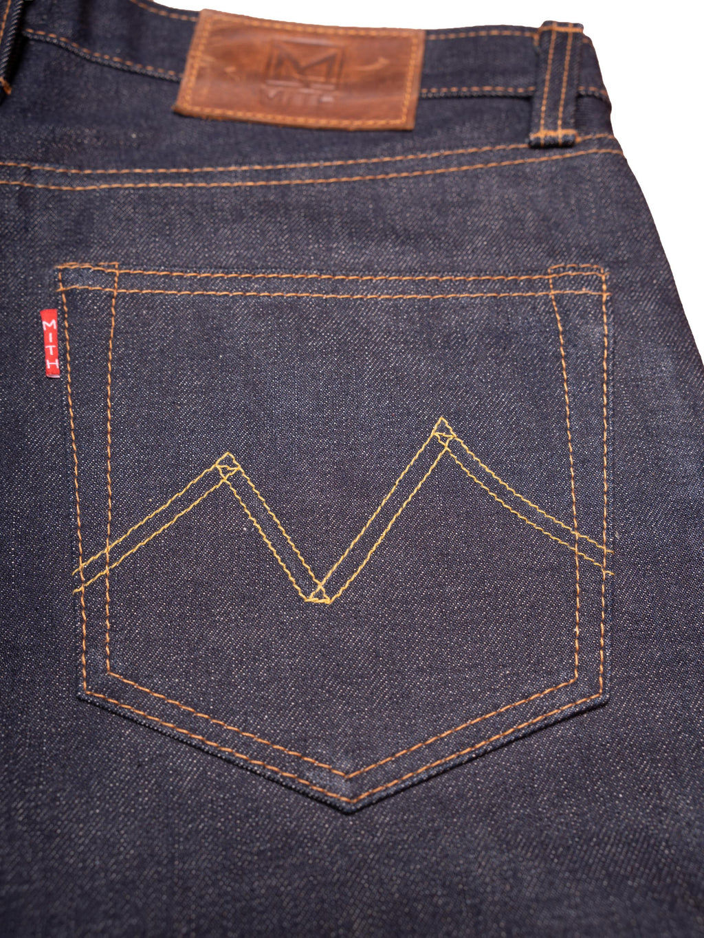16 oz Japanese Selvedge Raw Denim Jeans – Waistband and leather patch