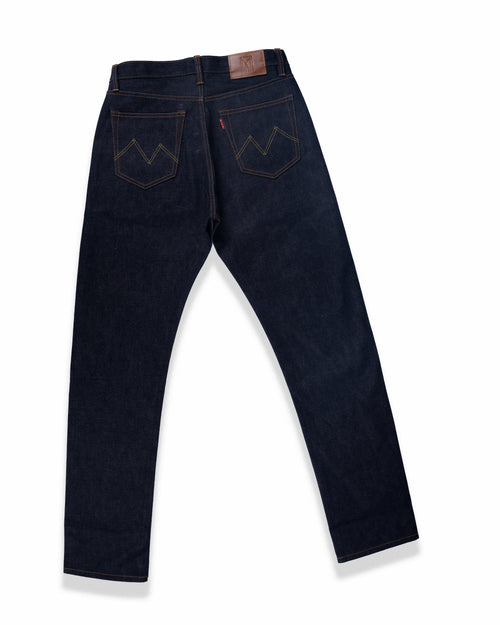 16oz indigo selvedge raw denim jeans back view laid flat on white background