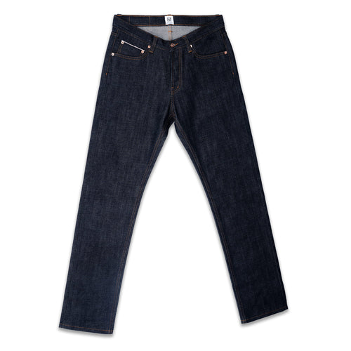 16oz indigo selvedge raw denim jeans front view laid flat on white background