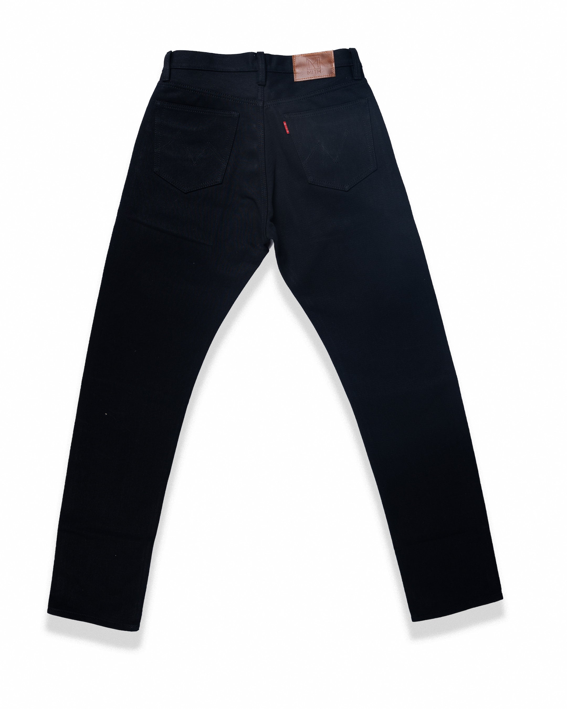 17oz selvedge raw denim jeans back view laid flat on the white background