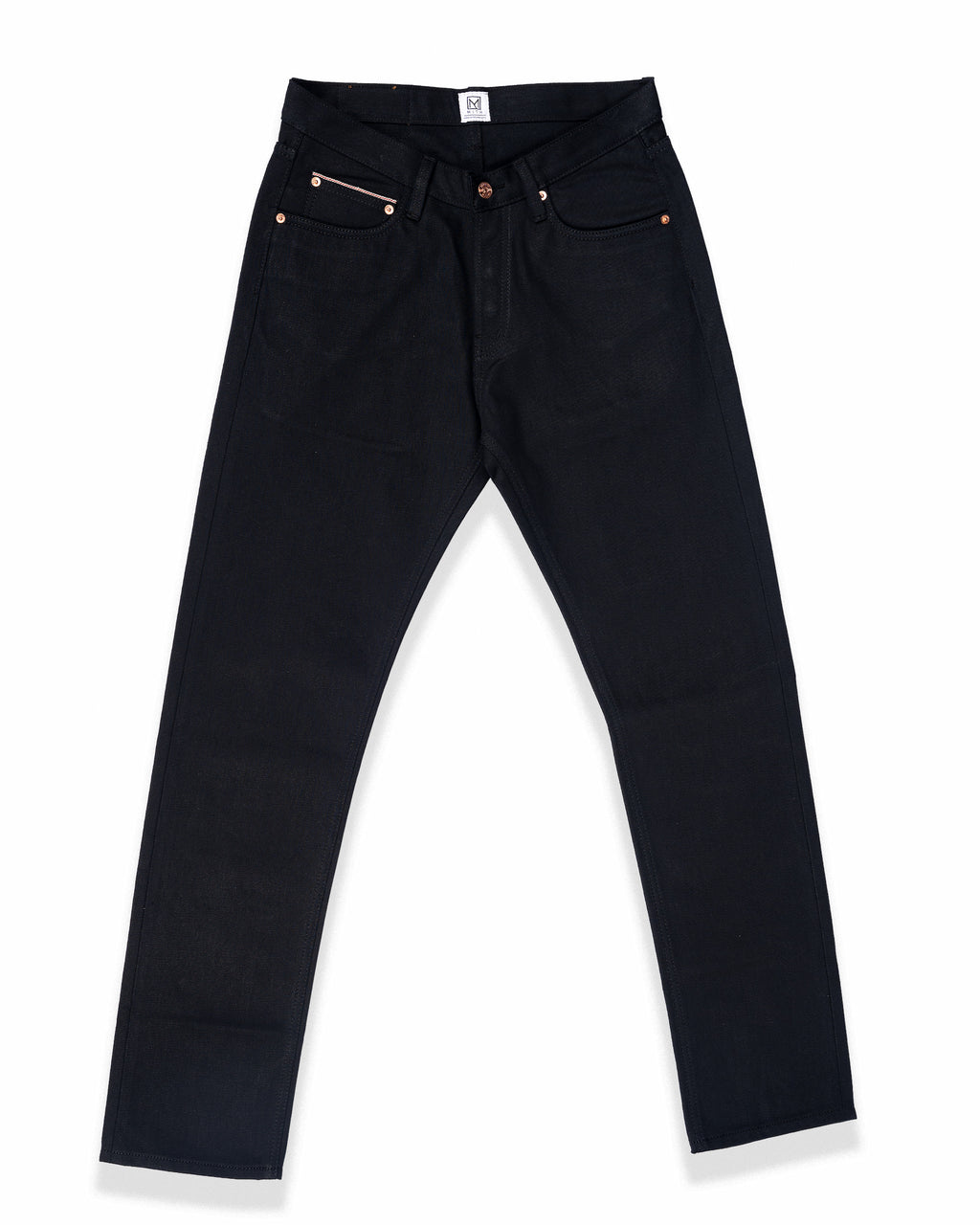 17oz selvedge raw denim jeans front view laid flat on the white background