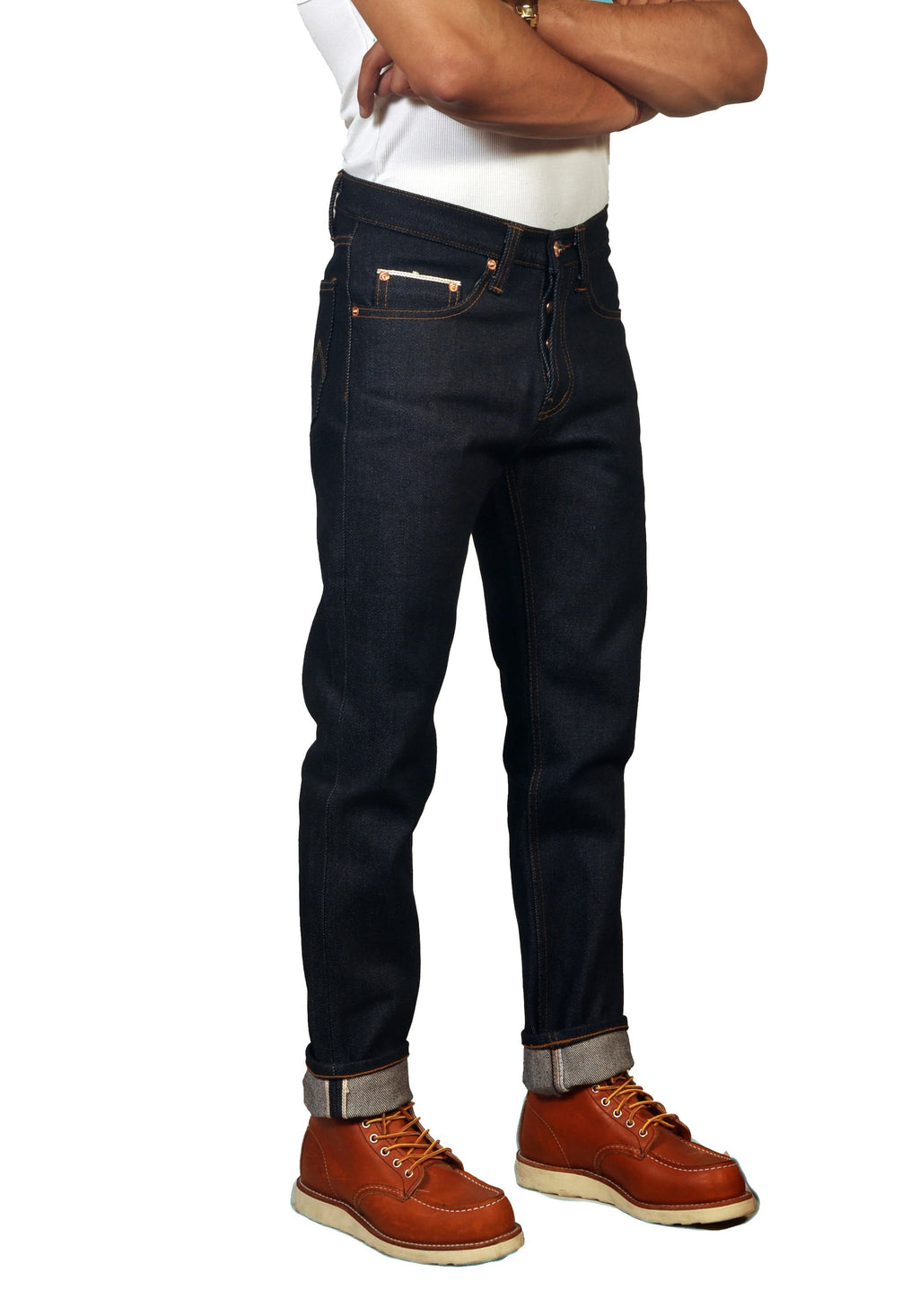 23 oz Japanese Selvedge Raw Denim Jeans – Model side view
