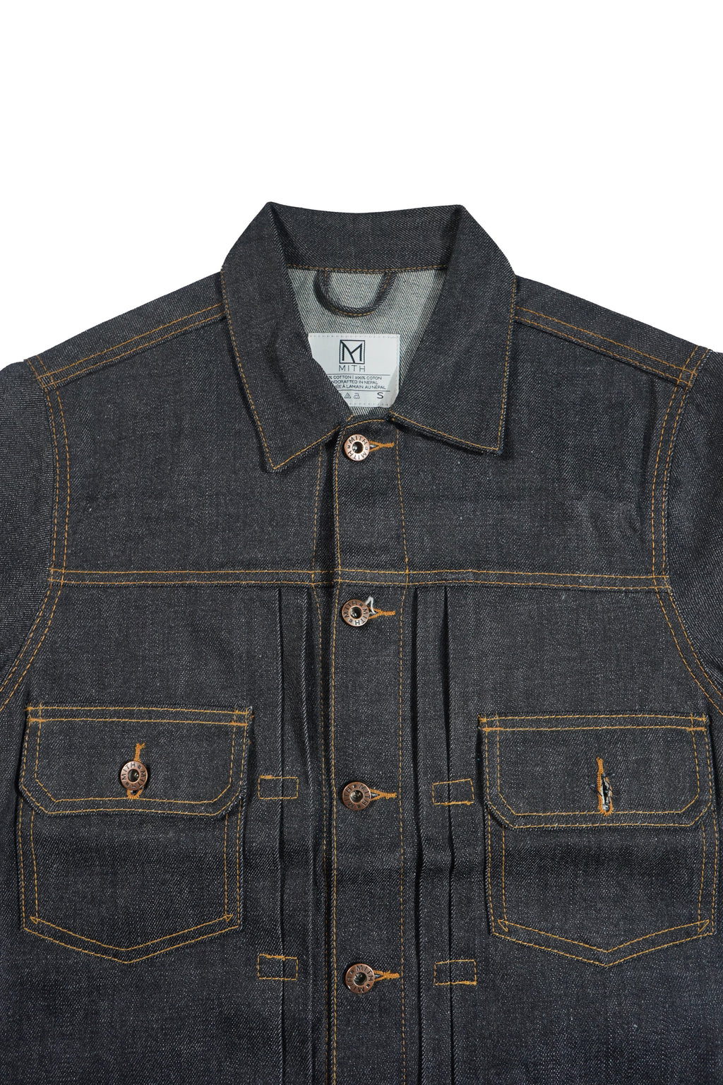 Type II denim jacket with button details on a white background